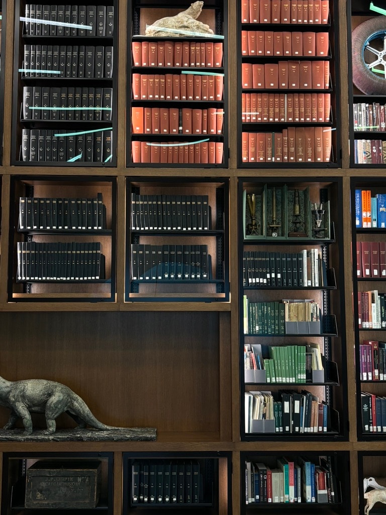 Collected volumes and sculptures in a library