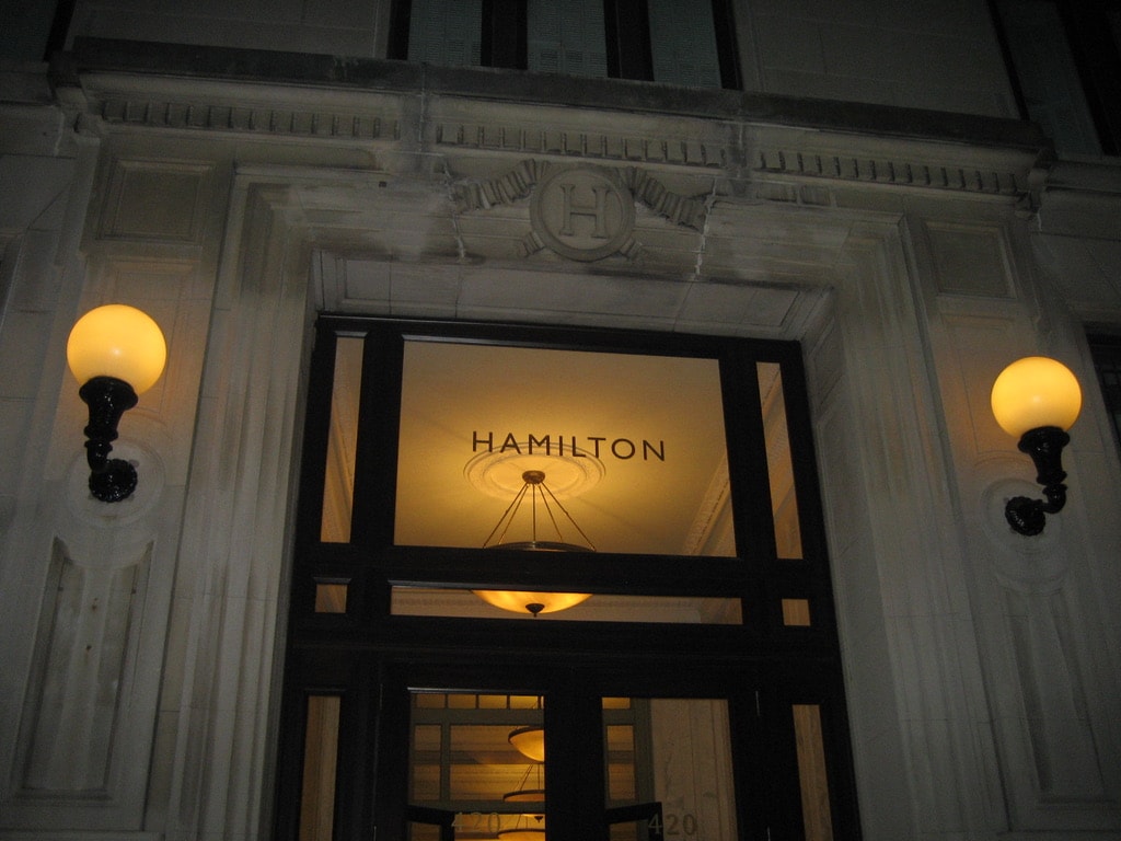 Warm lights at the entrance to Hamilton Hall