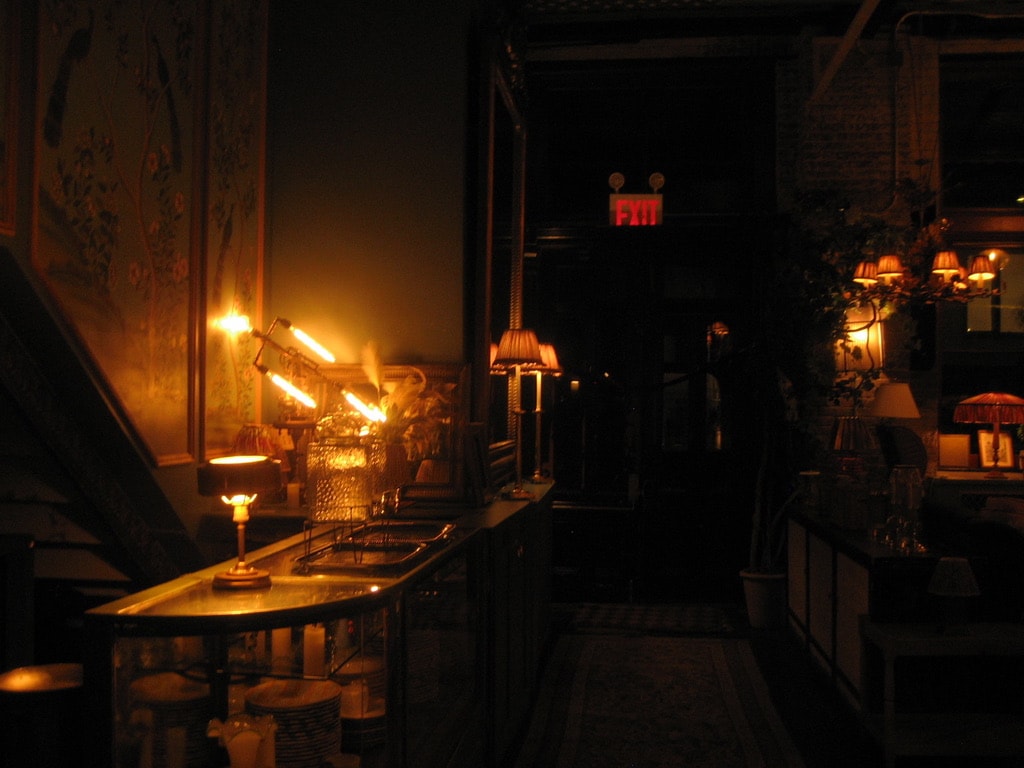 A quiet interior with warm table lamps
