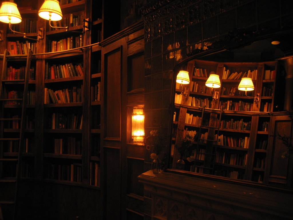 Warm lamps and books reflected in a library mirror