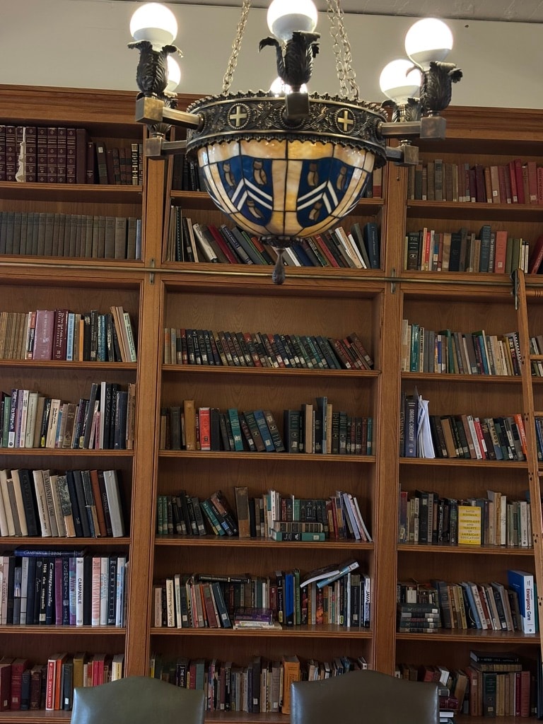 A stained-glass chandelier above wooden bookshelves