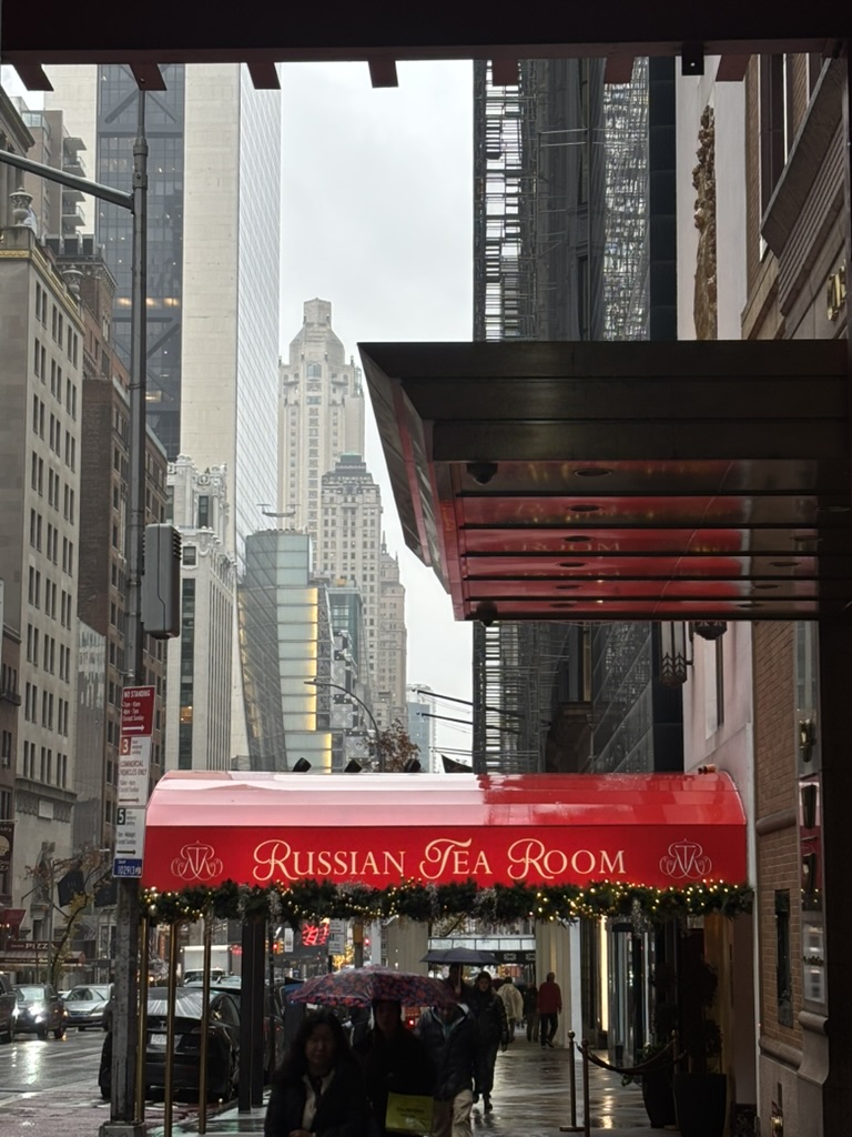Russian Tea Room awning on a rainy street